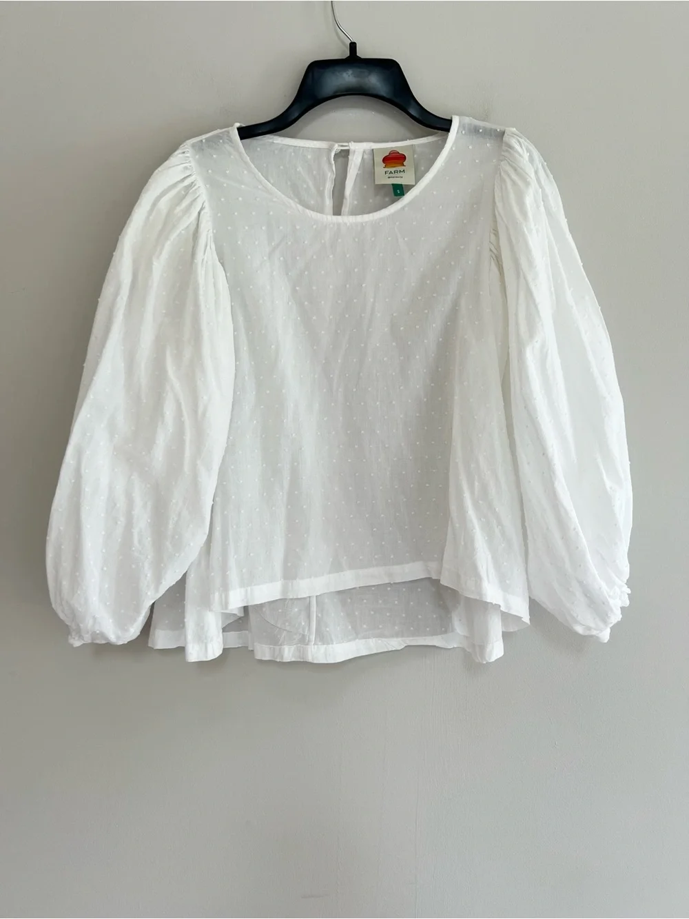 FARM Rio Puffed Long Sleeve Swiss Dot Cropped Cotton Gauze White Blouse, Small